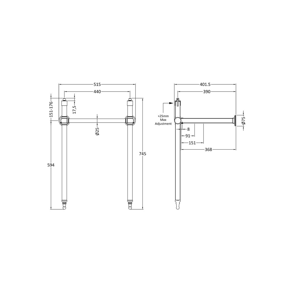 Hudson Reed Richmond Basin Stand - Technical drawing