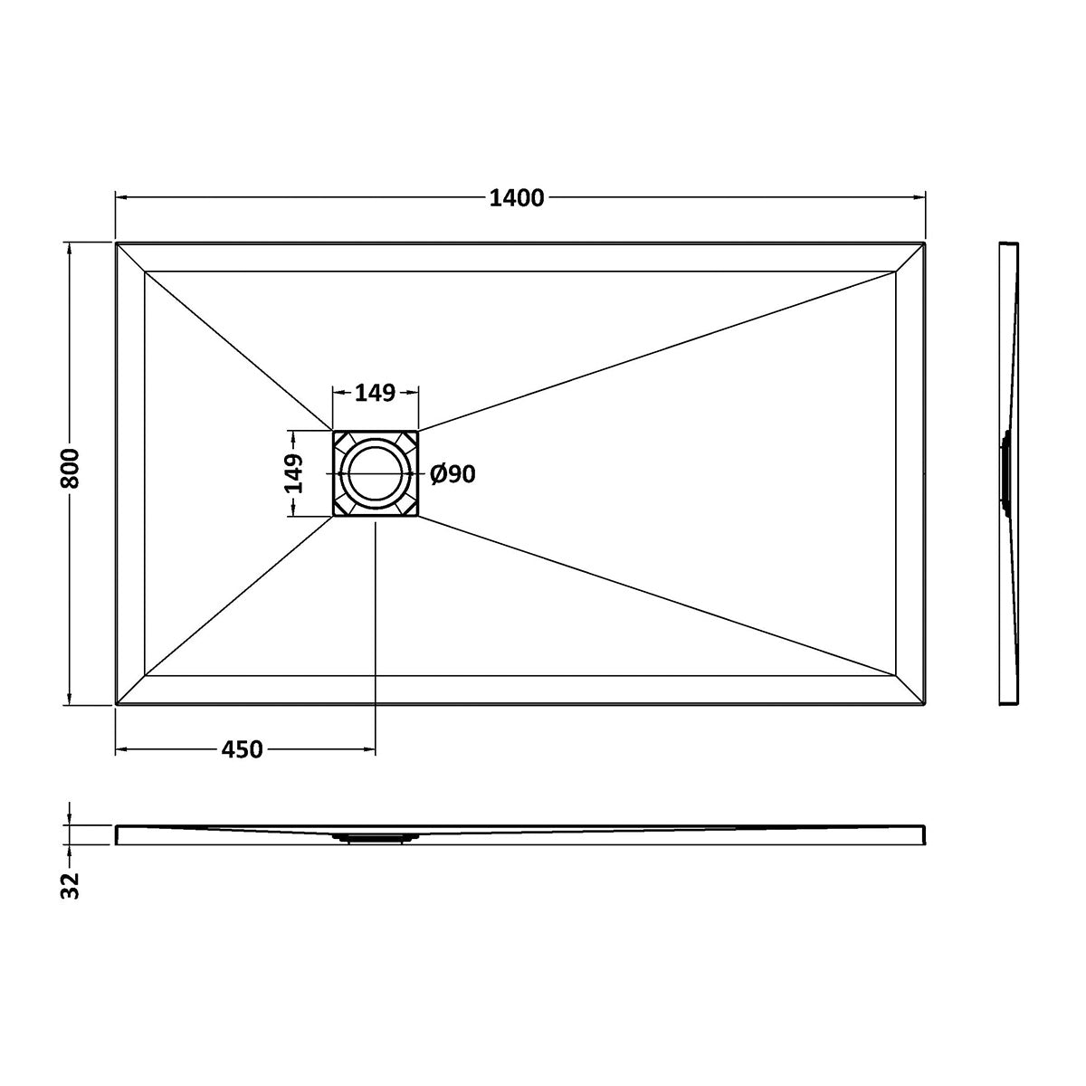 Nuie Pearlstone 1400 x 800mm Slate Rectangular Shower Tray - White - Technical drawing