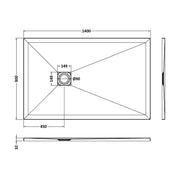 Nuie Pearlstone 1400 x 900mm Slate Rectangular Shower Tray - White - Technical drawing