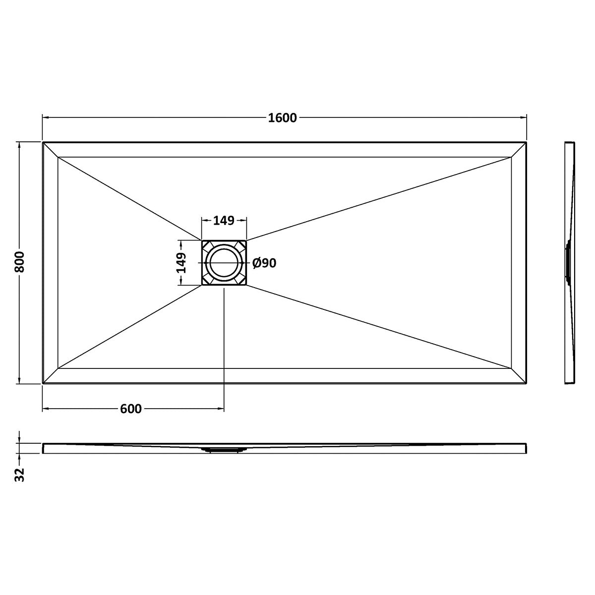 Nuie Pearlstone 1600 x 800mm Slate Rectangular Shower Tray - White - Technical drawing