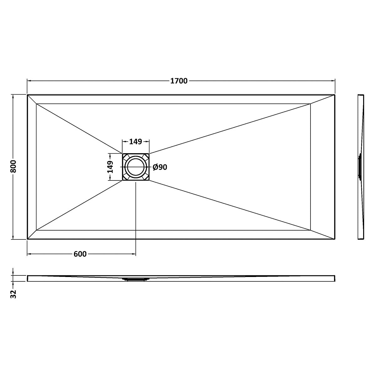 Nuie Pearlstone 1700 x 800mm Slate Rectangular Shower Tray - White - Technical drawing