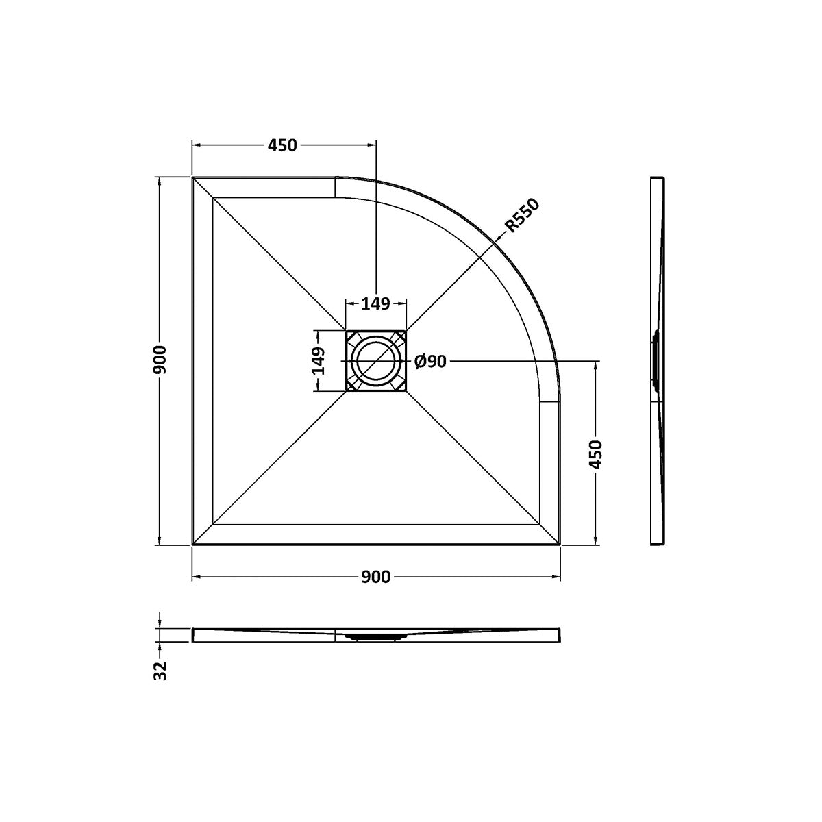 Nuie Pearlstone 900mm Slate Quadrant Shower Tray - White - Technical drawing