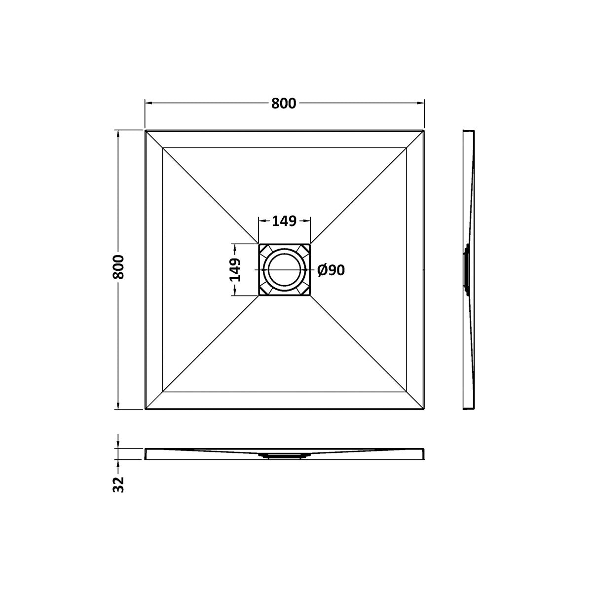 Nuie Pearlstone 800 x 800mm Slate Square Shower Tray - Black - Technical drawing