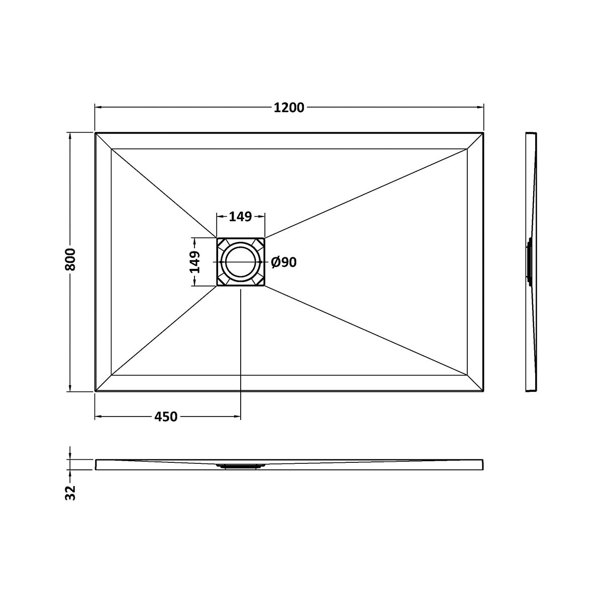 Nuie Pearlstone 1200 x 800mm Slate Rectangular Shower Tray - Black - Technical drawing