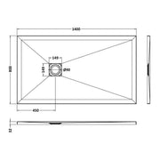 Nuie Pearlstone 1400 x 800mm Slate Rectangular Shower Tray - Black - Technical drawing