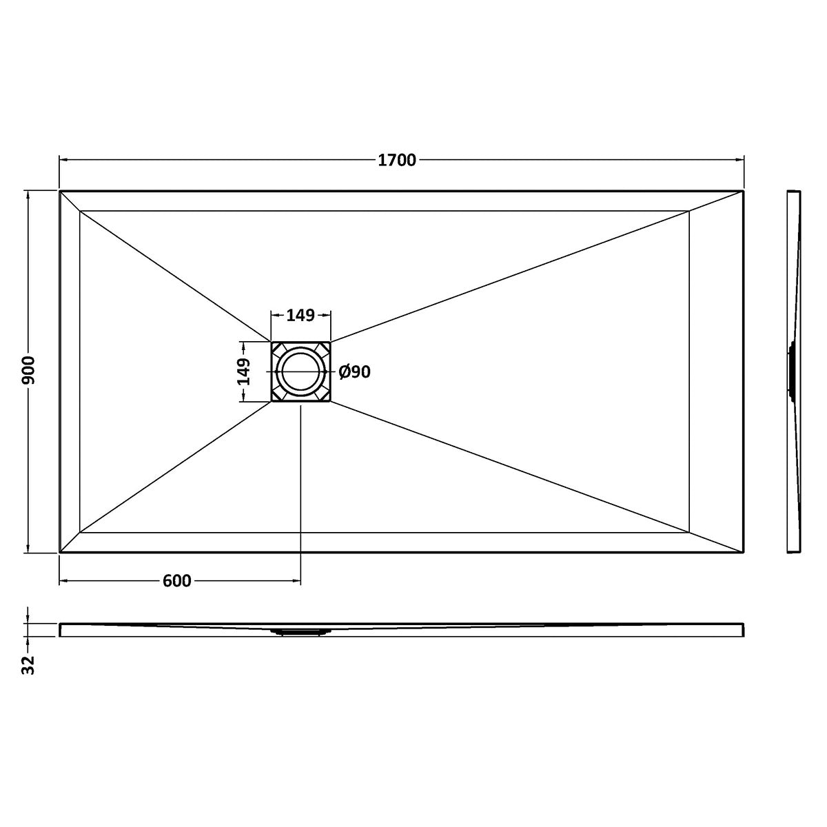 Nuie Pearlstone 1700 x 900mm Slate Rectangular Shower Tray - Black - Technical drawing