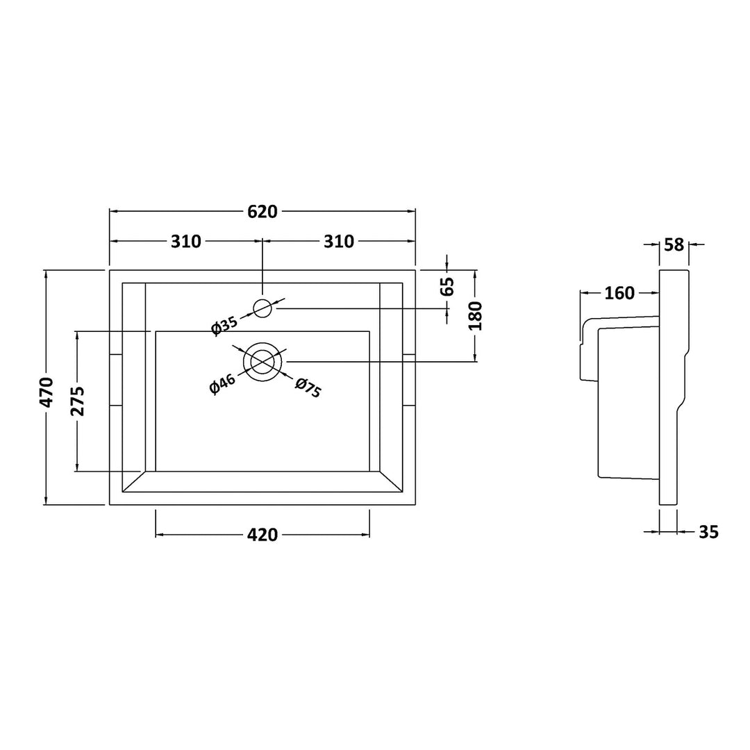 Kingsbury Traditional 600mm Basin Technical Drawing