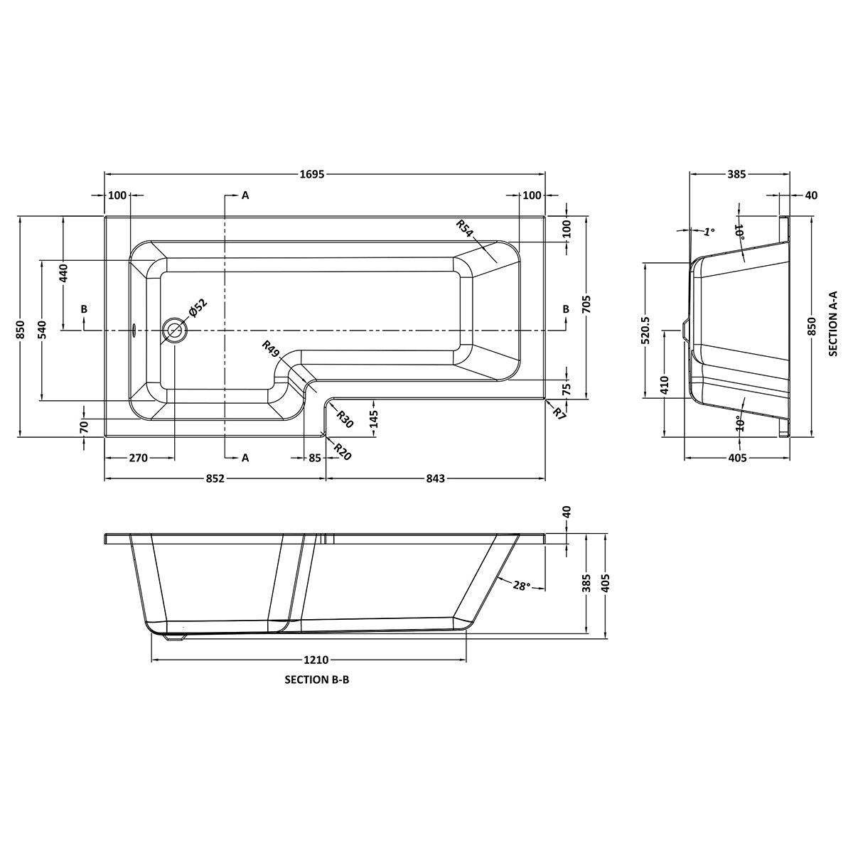1700mm L-Shape Shower Bath - Left Hand - Technical drawing