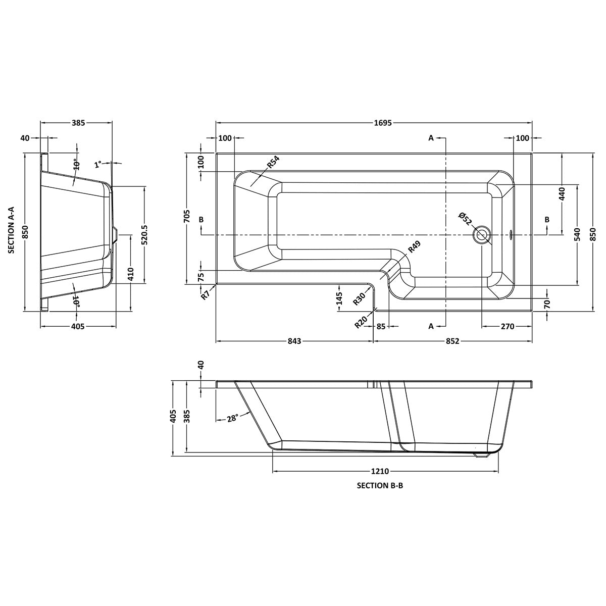 1700mm L-Shape Shower Bath - Right Hand - Technical drawing