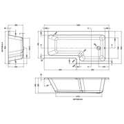 1700mm L-Shape Shower Bath - Right Hand - Technical drawing