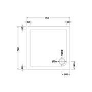 Nuie 760 x 760mm Slip Resistant Square Shower Tray - Technical drawing