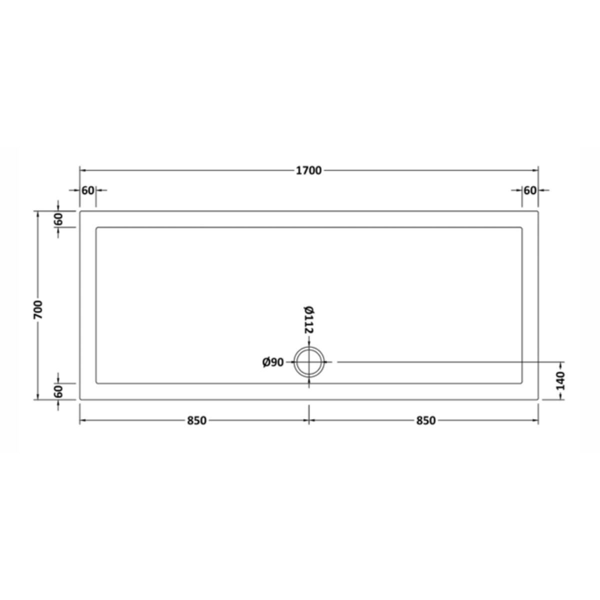 Nuie Slip Resistant Rectangular Tray 1700x700x40mm - Technical drawing