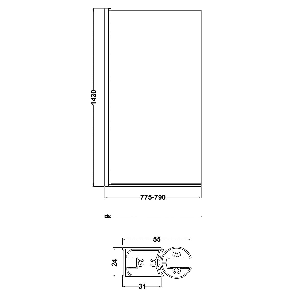 Nuie Pacific Square Bath Screen - Brushed Brass - Technical drawing