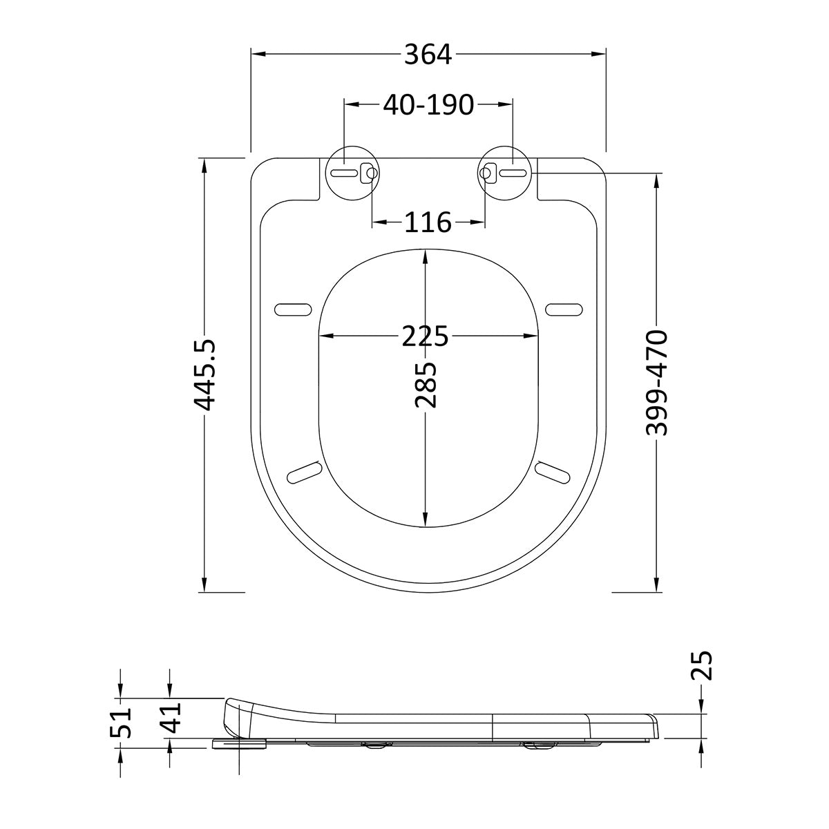 Nuie Luxury Soft Close Toilet Seat - Technical drawing