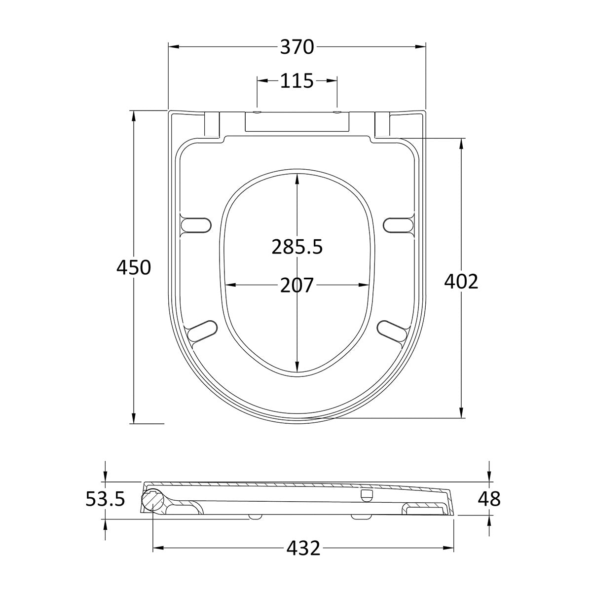 Nuie Luxury D Shaped Toilet Seat - Technical drawing