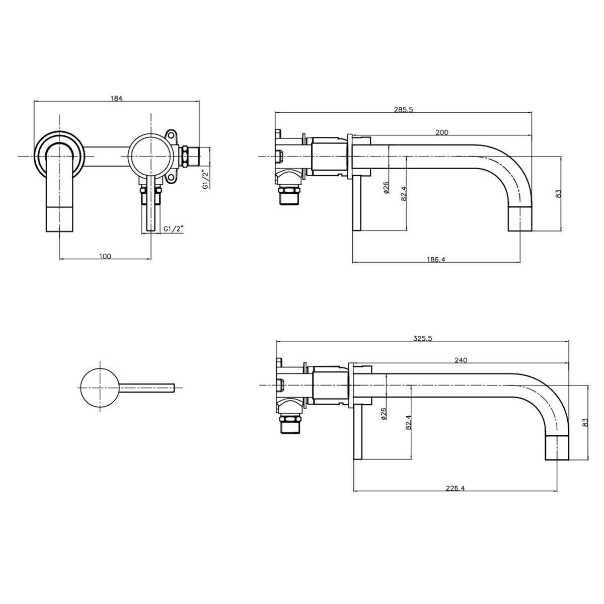 Eliseo Ricci Exclusiv Wall Mounted Basin Mixer - Black - Technical drawing