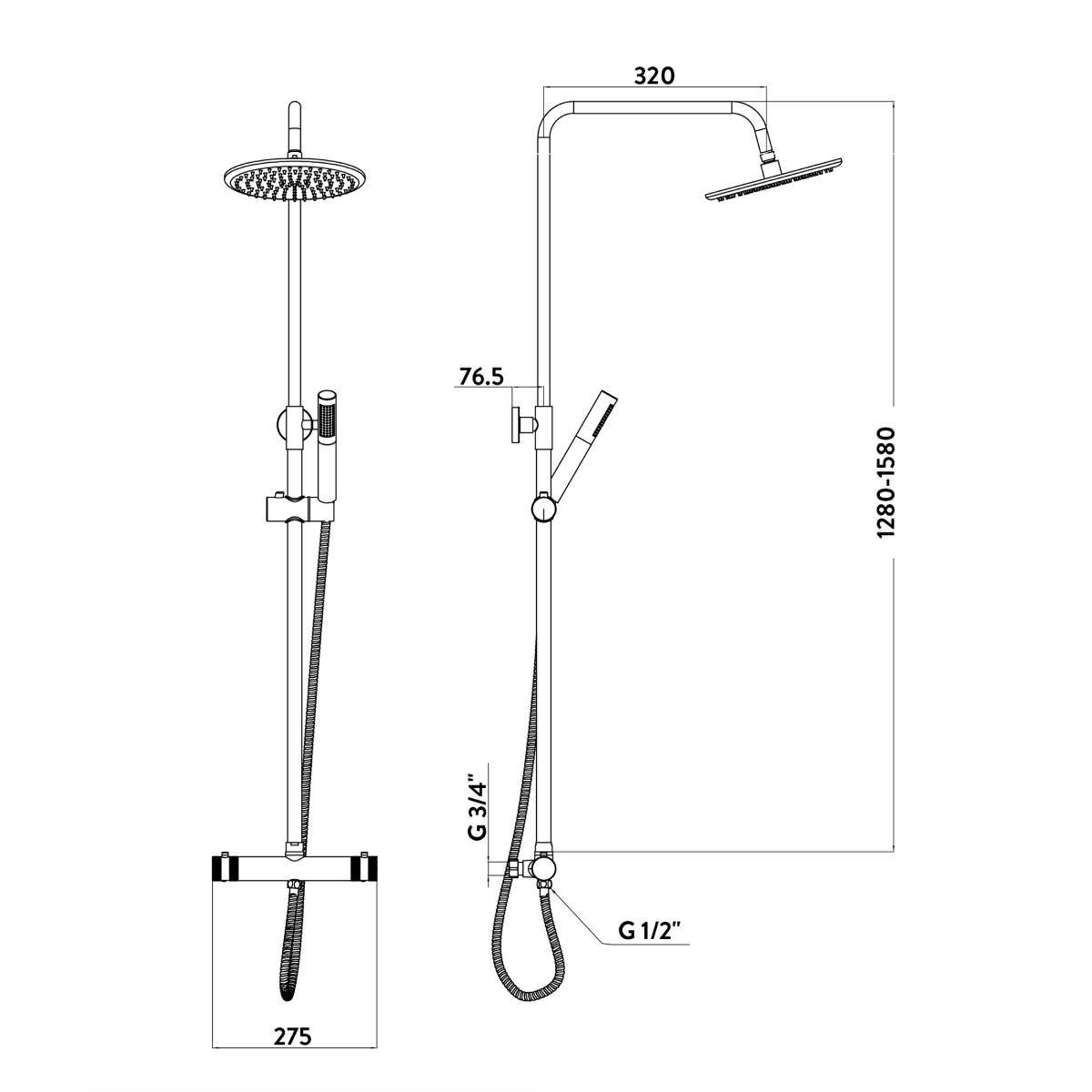 Eliseo Ricci Exclusiv Round Rigid Riser Shower - Chrome - Technical drawing