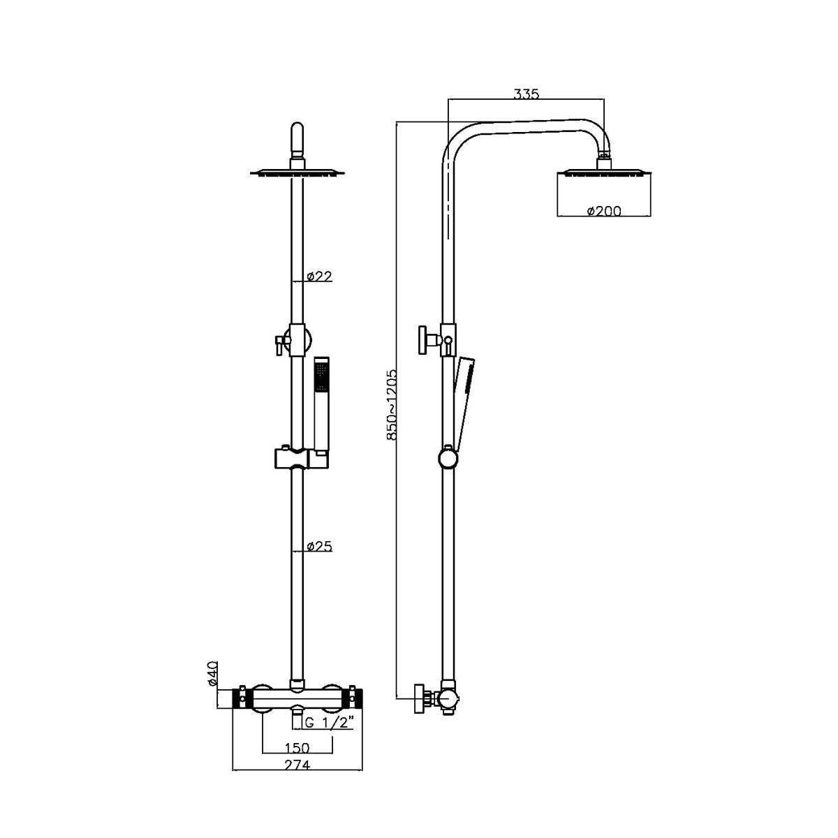 Eliseo Ricci Exclusive Round Rigid Riser Shower - Brushed Brass - Technical drawing