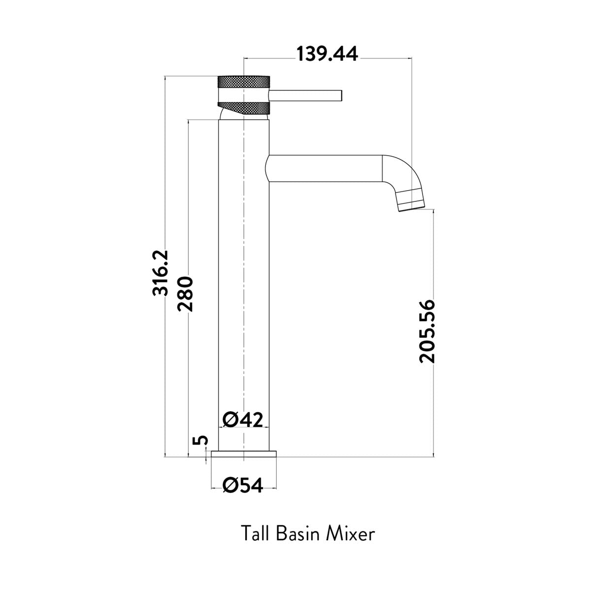 Eliseo Ricci Exclusiv Tall Mono Mixer - Gunmetal - Technical drawing