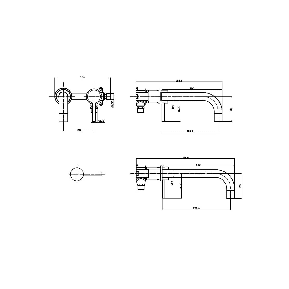 Eliseo Ricci Exclusiv Wall Mounted Basin And filler - Gunmetal - Technical drawing