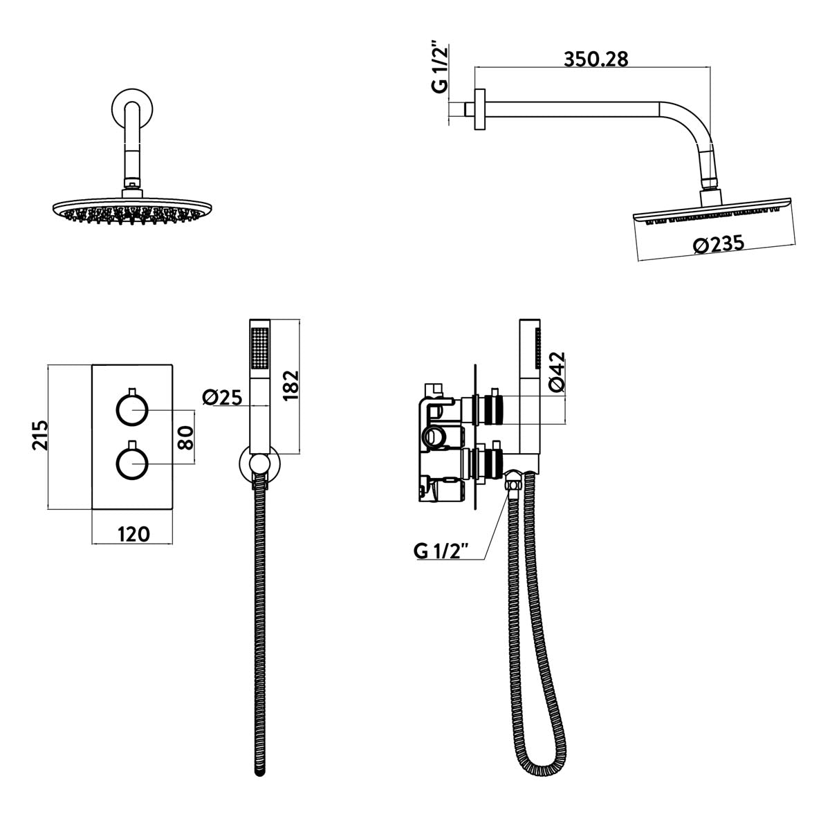Eliseo Ricci Exclusiv - Gunmetal Round Handle Shower Arm Drench Head Handset & Mounting Bracket - Technical drawing