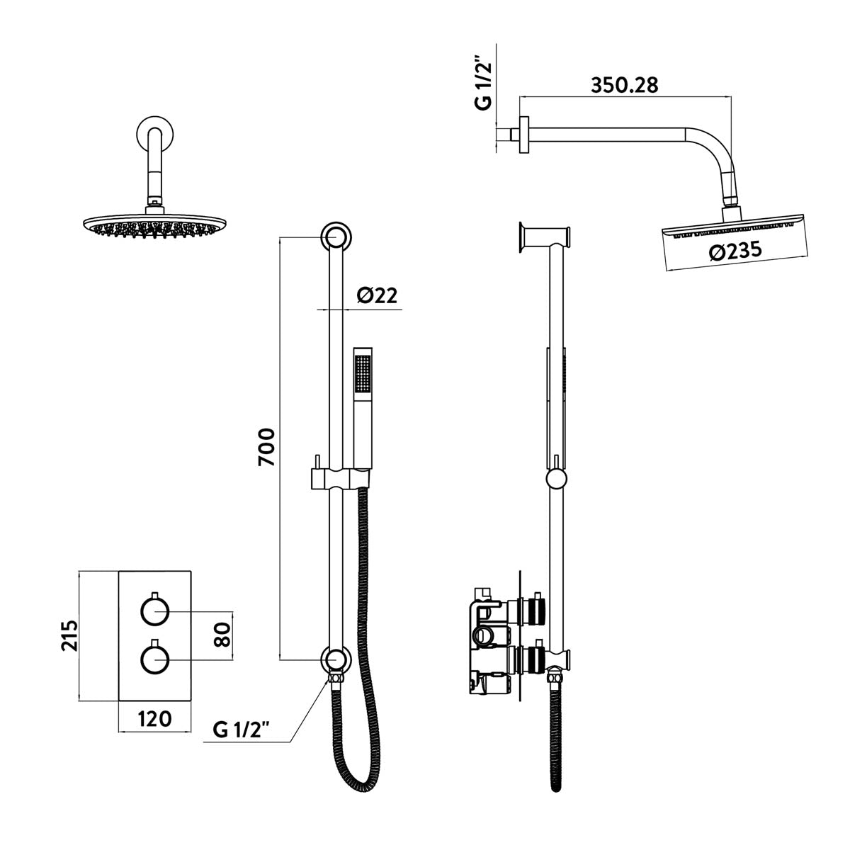 Eliseo Ricci Exclusiv Round Handle Head & Handset Riser Kit - Brushed Bronze - Technical drawing