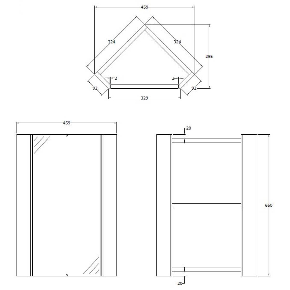 Mayford Corner Mounted Mirrored Cabinet - Technical drawing