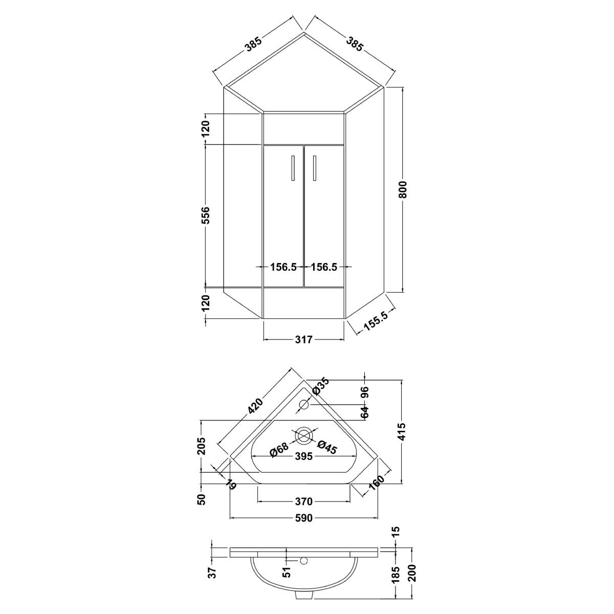 Primo Corner Base Unit & Basin - Technical drawing