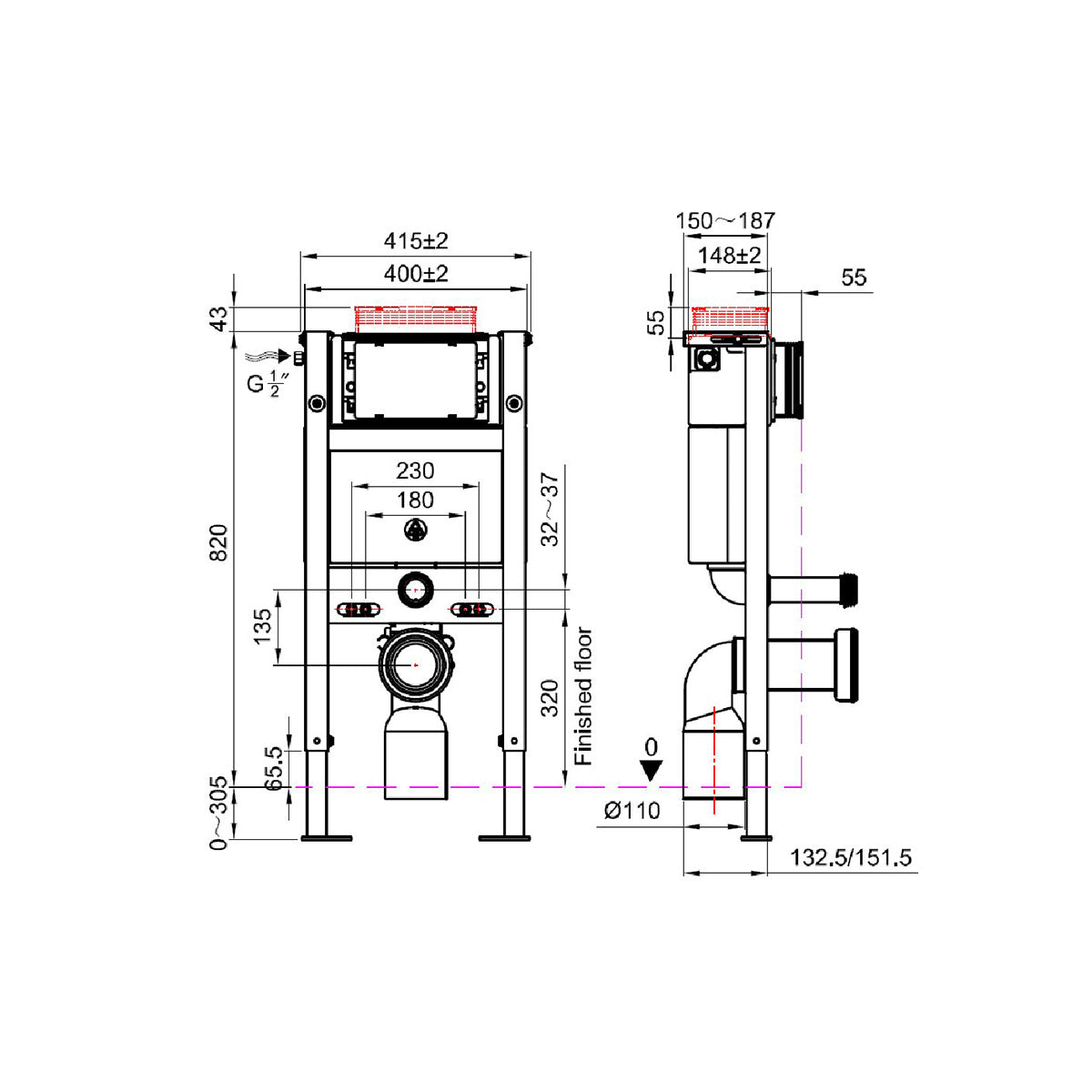 Objekt Ceramica 82cm WH WC Frame with Brushed Brass Flush Plate - Technical drawing