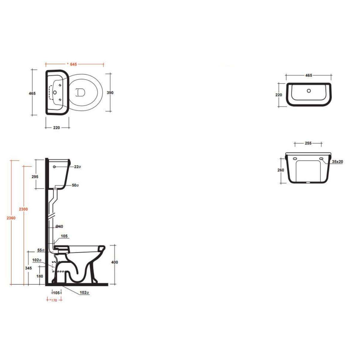 Olympia Impero High Level Toilet & Soft Close Seat - Technical drawing