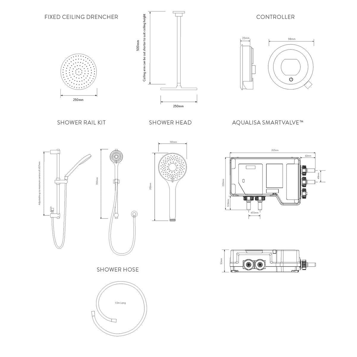 Aqualisa Optic Q Smart Shower Concealed With Adj And Ceiling Fixed Head - Hp/Combi - Technical drawing