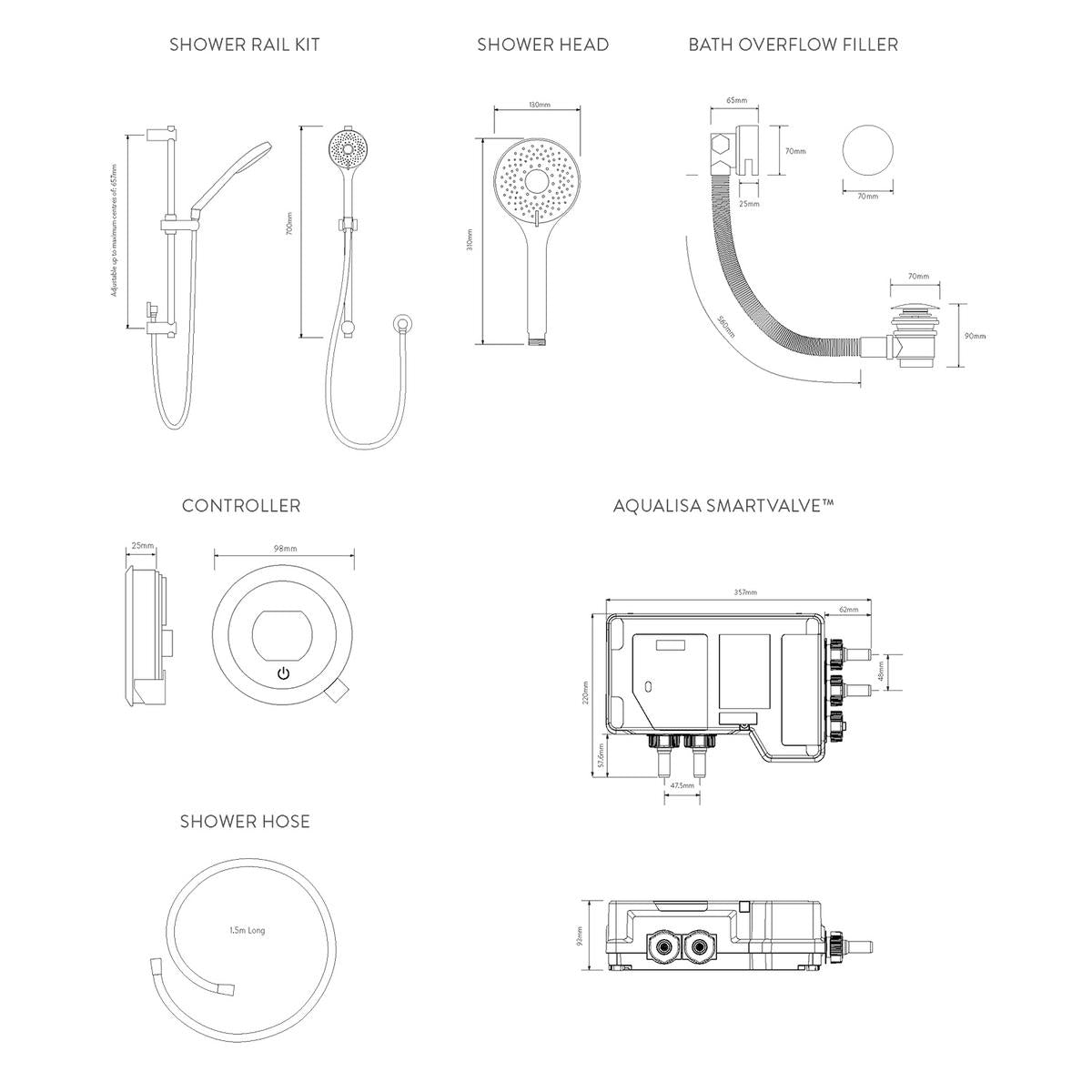 Aqualisa Optic Q Smart Shower Concealed With Adj Head And Bath Fill - Hp/Combi - Technical drawing