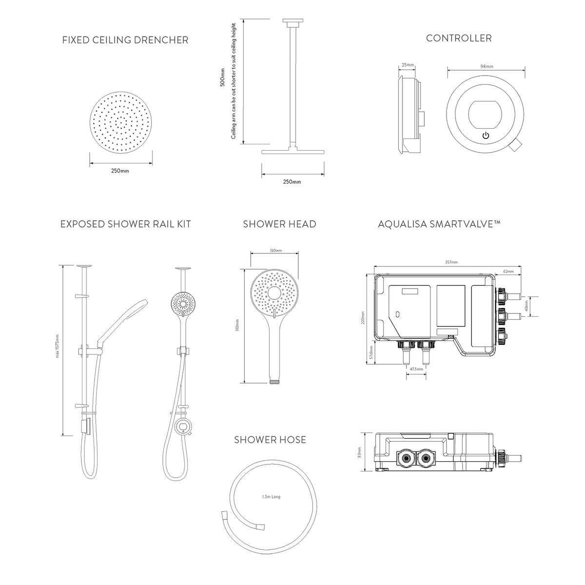 Aqualisa Optic Q Smart Shower Exposed With Adj And Ceiling Fixed Head - Hp/Combi - Technical drawing