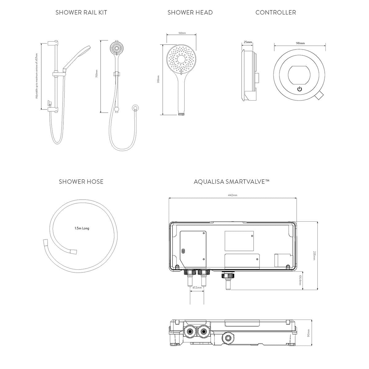 Aqualisa Optic Q Smart Shower Concealed With Adj Head - Gravity Pumped - Technical drawing
