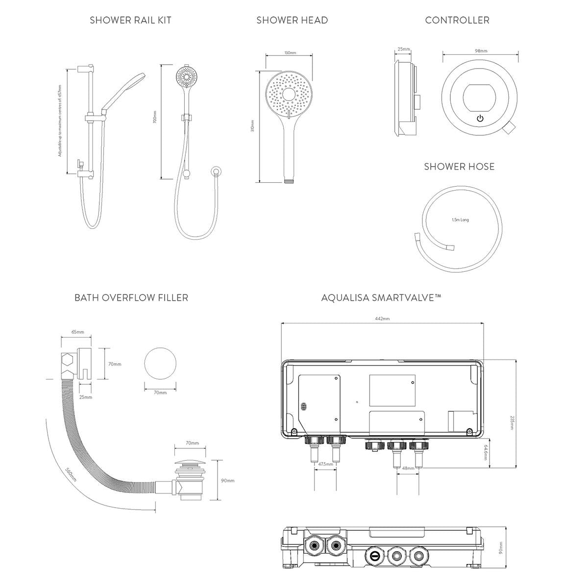 Aqualisa Optic Q Smart Shower Concealed With Adj Head And Bath Fill - Gravity Pumped - Technical drawing