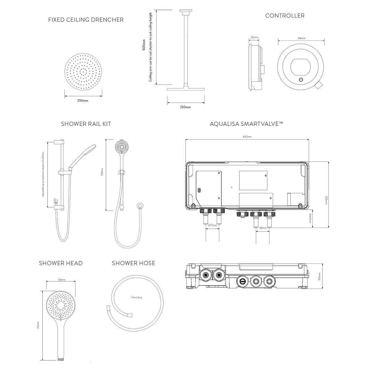 Aqualisa Optic Q Smart Shower Concealed With Adj And Ceiling Fixed Head - Gravity Pumped - Technical drawing