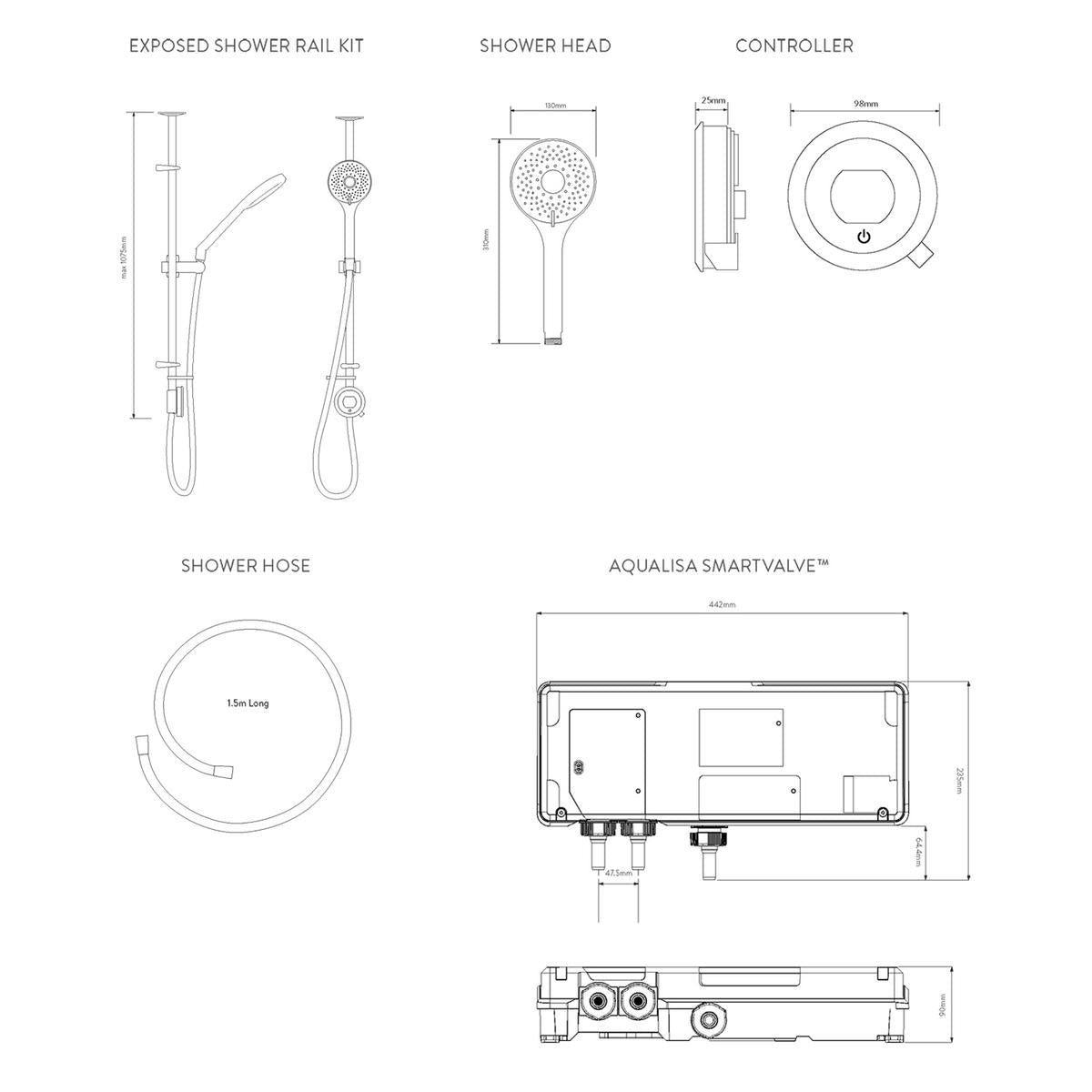 Aqualisa Optic Q Smart Shower Exposed With Adj Head - Gravity Pumped - Technical drawing