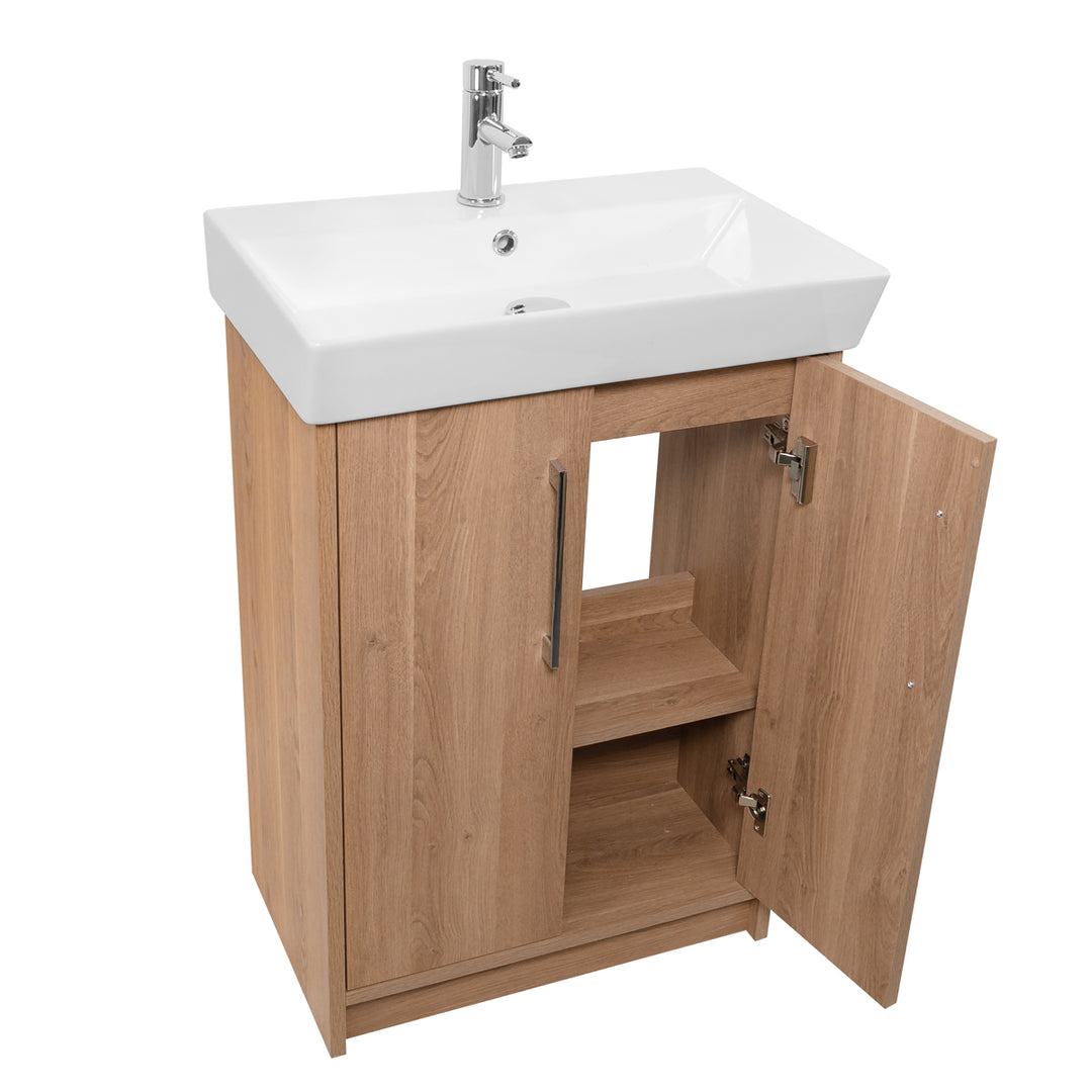 Orion 600mm Floor Standing 2 Door Vanity Unit &amp; Basin - Brown Cuneo Oak
