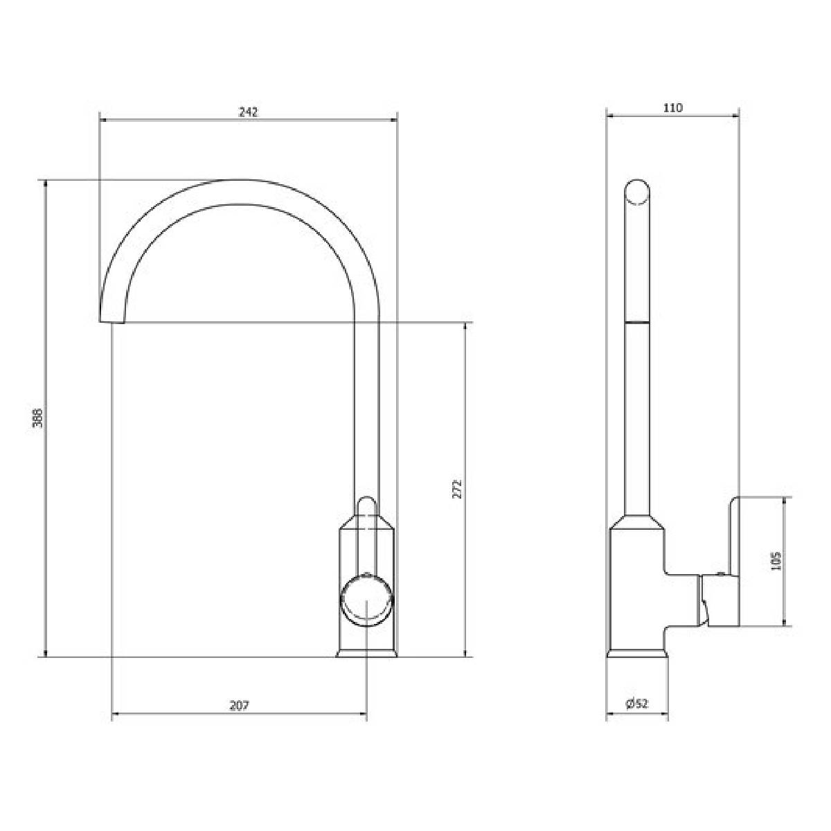 Entice Kitchen Sink Mixer with Swivel Spout & Single Lever - Brushed Copper Finish - Technical drawing
