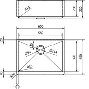 Excel Single Bowl Belfast Style Sink & Waste - Copper Finish - Technical drawing