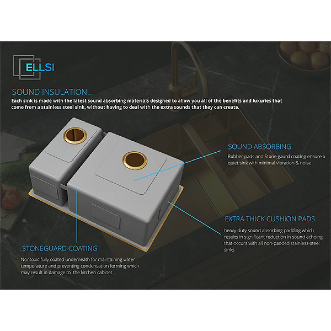 Elite Single Bowl Inset or Undermounted Stainless Steel Kitchen Sink &amp; Waste - Gold Finish