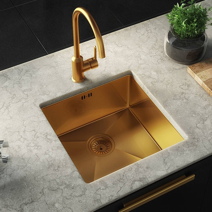 Elite Single Bowl Inset or Undermounted Stainless Steel Kitchen Sink &amp; Waste - Gold Finish