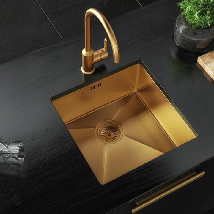 Elite Single Bowl Inset or Undermounted Stainless Steel Kitchen Sink &amp; Waste - Gold Finish