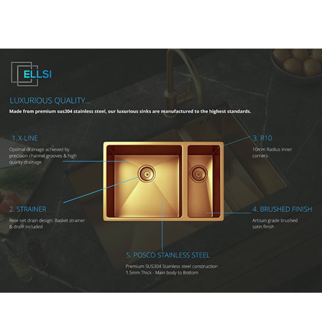 Elite Single Bowl Inset or Undermounted Stainless Steel Kitchen Sink &amp; Waste - Copper Finish
