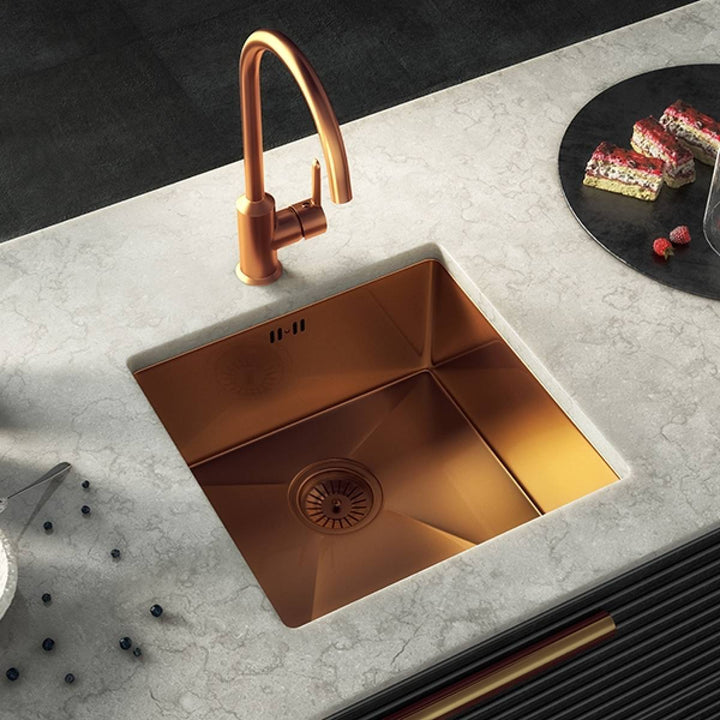 Elite Single Bowl Inset or Undermounted Stainless Steel Kitchen Sink &amp; Waste - Copper Finish