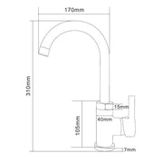 Olona Kitchen Mixer Tap with Swan Neck & Swivel Spout - Gold Finish - Technical drawing