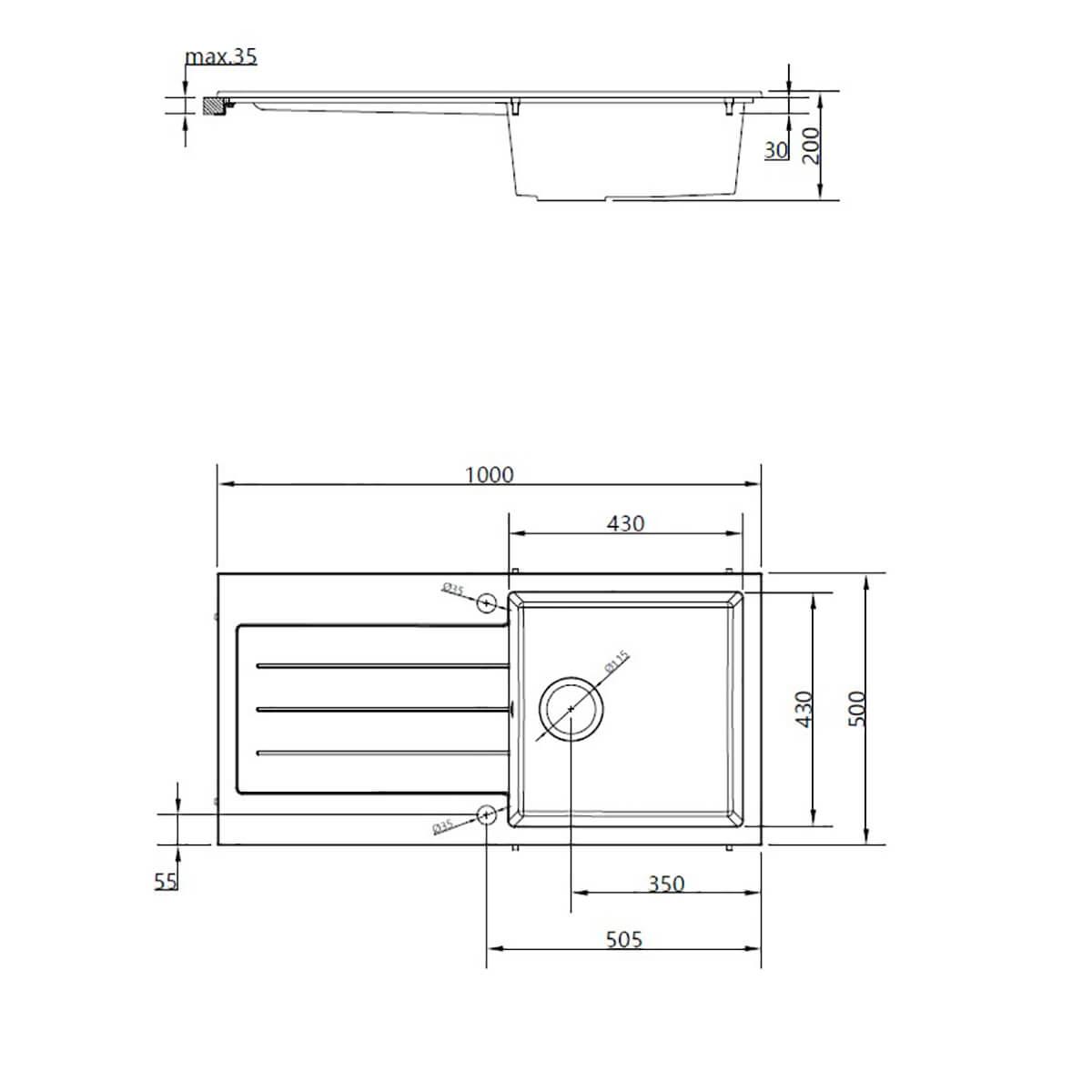 Ellsi Comite Granite Single Bowl Kitchen Sink & Waste - Grey - Technical drawing