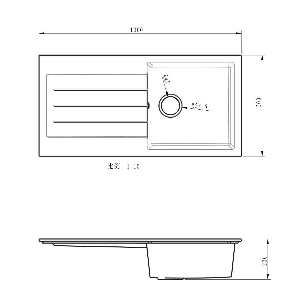 Ellsi Comite Granite Single Bowl Inset Kitchen Sink & Waste - White - Technical drawing