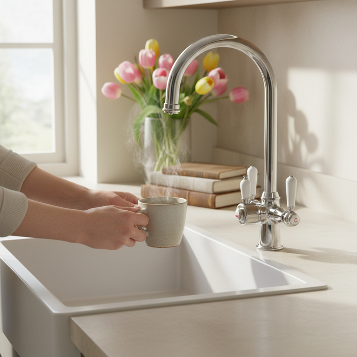 Traditional Cruciform 3-in1 Hot Water Kitchen Tap inc Boiler and Filter - Chrome Finish