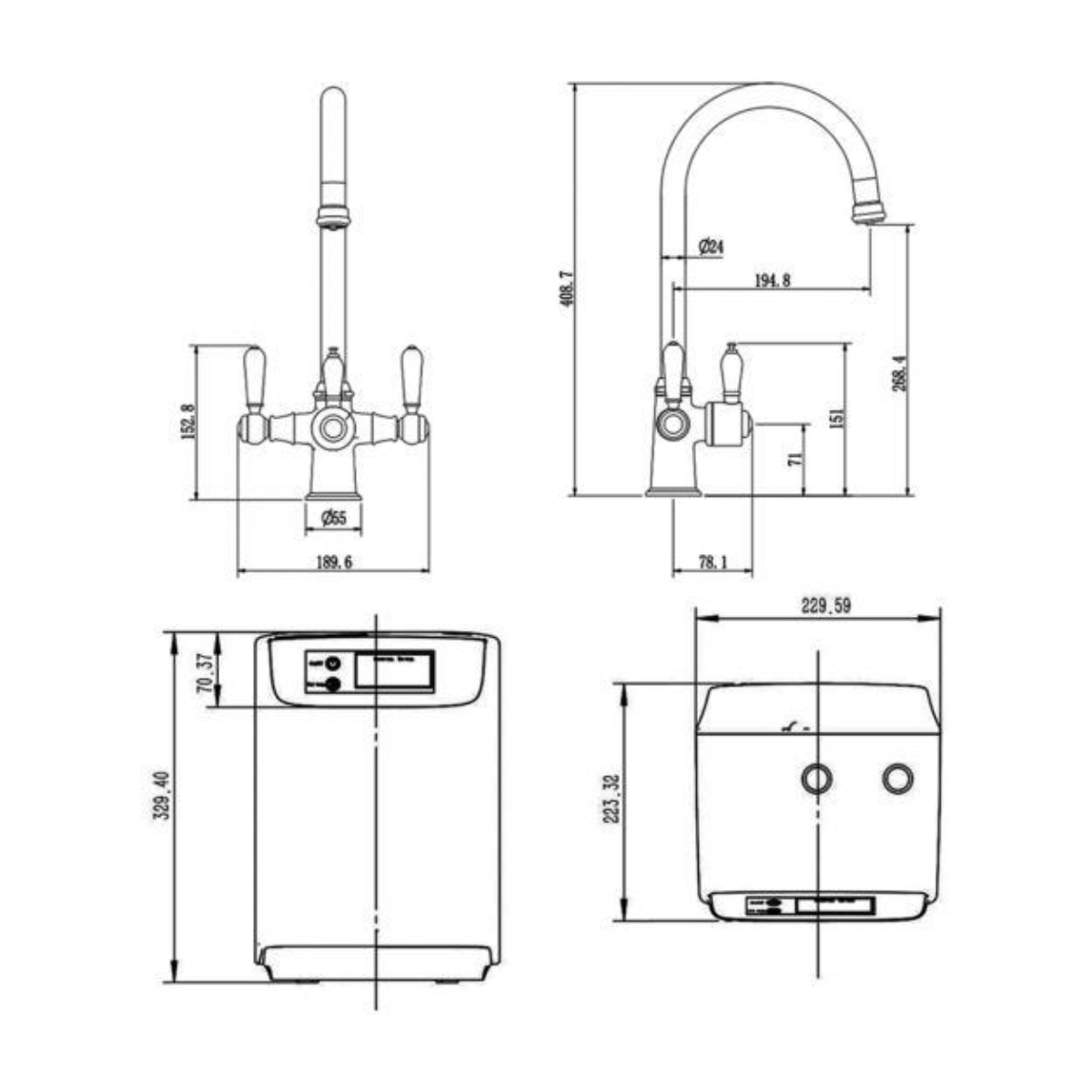 Traditional Cruciform 3-in1 Hot Water Kitchen Tap inc Boiler and Filter - Gun Metal Finish - Technical drawing